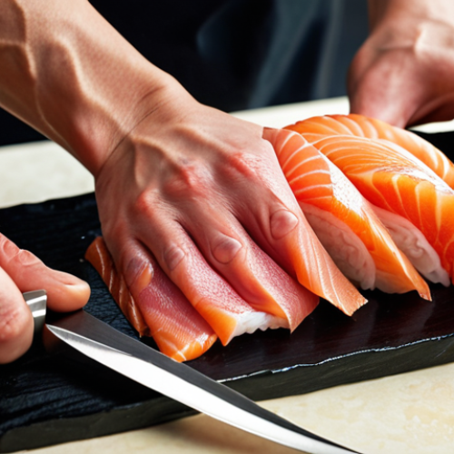 **

Close-up shot of hands skillfully slicing sashimi. Focus on the knife technique, showcasing thin, even slices with visible fish texture. Emphasize cleanliness and precision.

**