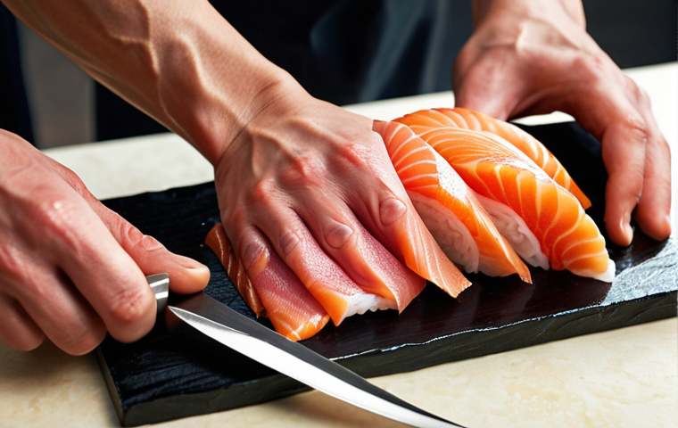 **

Close-up shot of hands skillfully slicing sashimi. Focus on the knife technique, showcasing thin, even slices with visible fish texture. Emphasize cleanliness and precision.

**